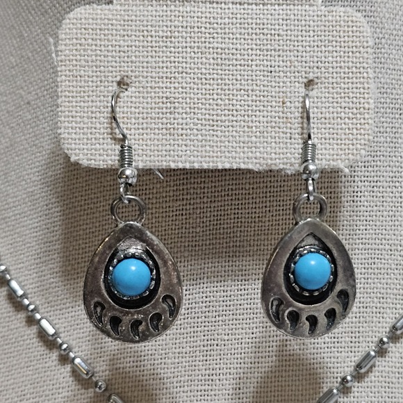Navajo Indian Sterling Silver & Turquoise Bear Paw Dangle Earrings & Pendant - Picture 2 of 11